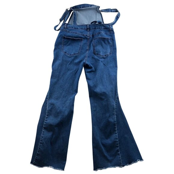 Womens Bib Overalls Large Blue Denim Flare Leg Vintage Medium Wash Casual Y2K - Picture 2 of 16